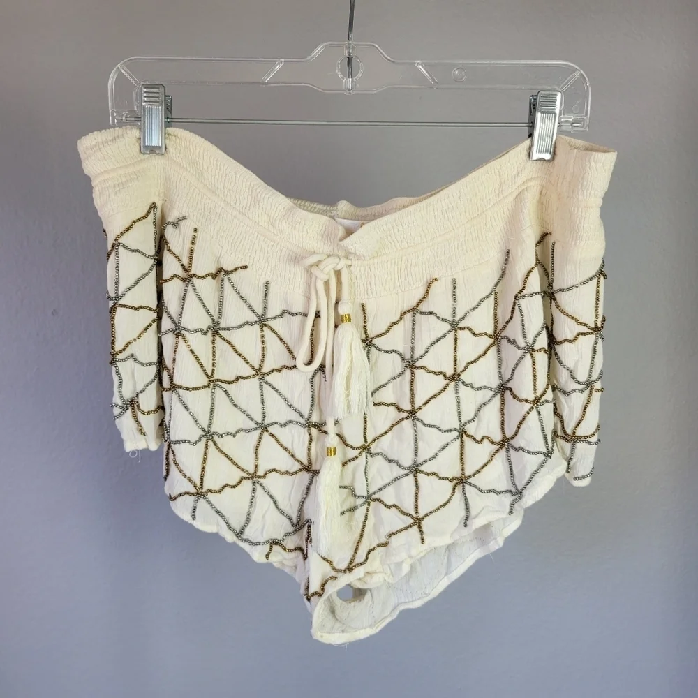 AMUSE SOCIETY // flowy relaxed elastic tie waist silver & bronze beaded Shorts - Picture 1 of 6